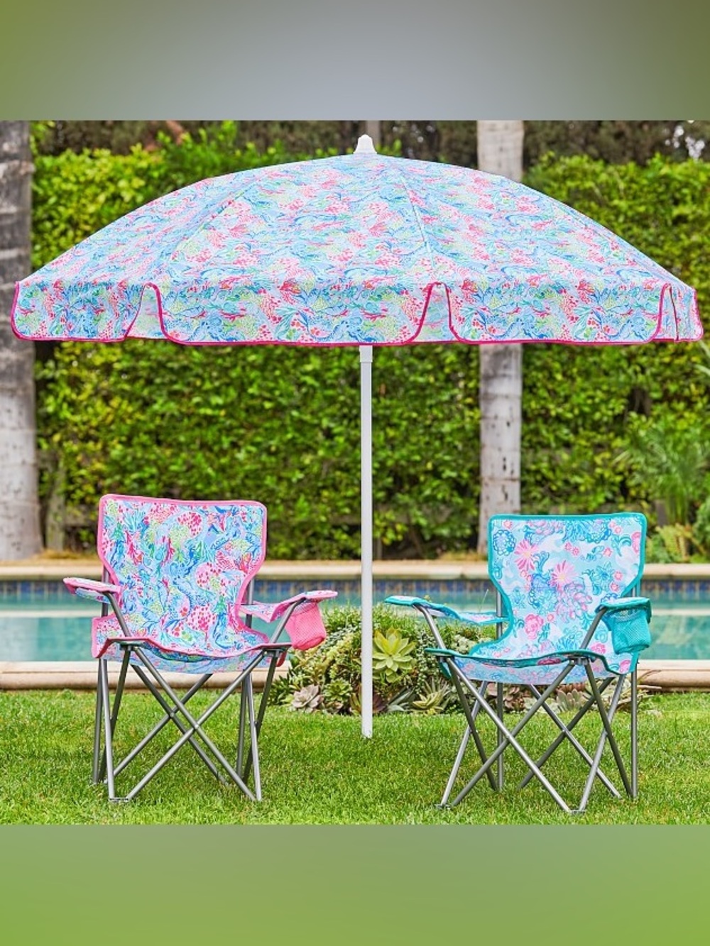 Lilly Pulitzer Patio Umbrella in Mermaid
Cove Pink & Aqua Print